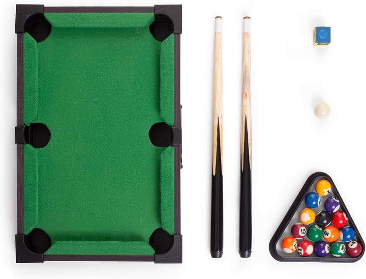 Tabletop Pool, Mini Pool Table & Billiard Set | Small Billiards Game with 16 Resin Balls, 2 Pool Cues, Triangle Rack, & Chalk | Travel-Friendly & Office Desk Games, Bartop, or Home Use & Easy Storage
