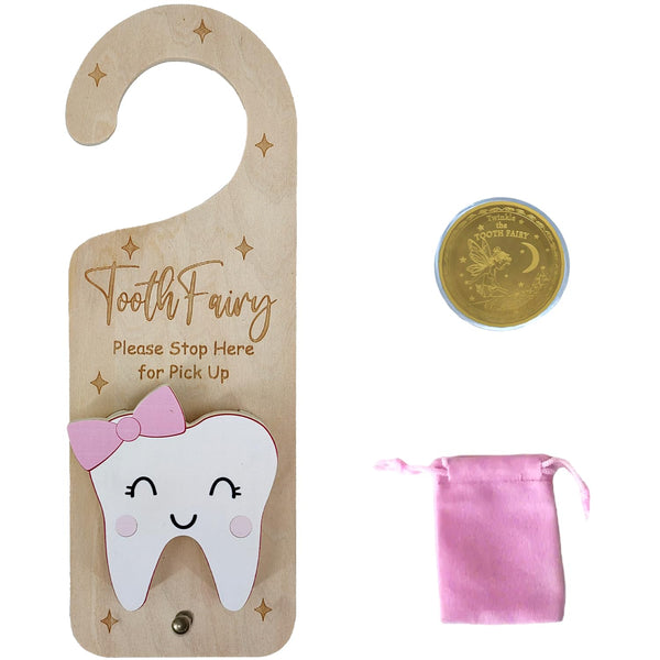 Tooth Fairy Door Hanger, Wooden Tooth Fairy Money Holder with Tooth Coins for Lost Tooth Kids Gifts (Pink)