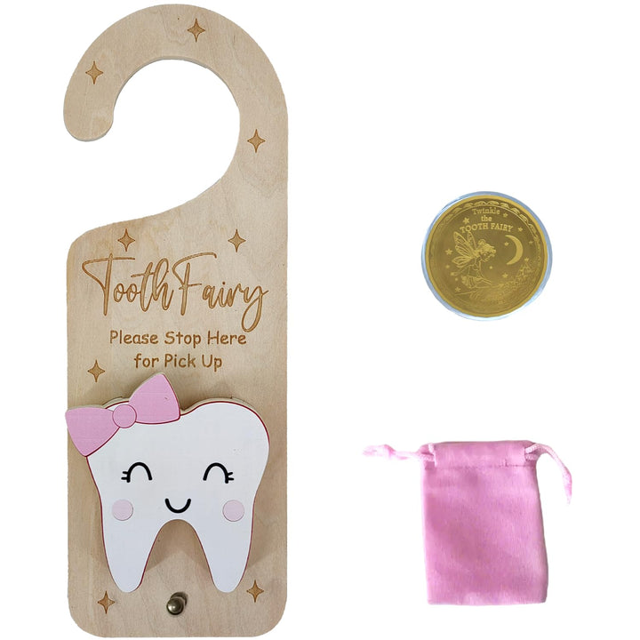 Tooth Fairy Door Hanger, Wooden Tooth Fairy Money Holder with Tooth Coins for Lost Tooth Kids Gifts (Pink)
