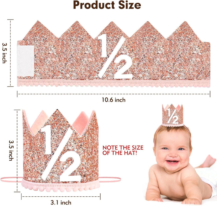 1/2 Birthday Girl Crown - Pink & Rose Gold Adjustable Baby Girl Half Birthday Hat for 6-12 Months, Soft Photo Props for Half Year Celebration, Party Decorations