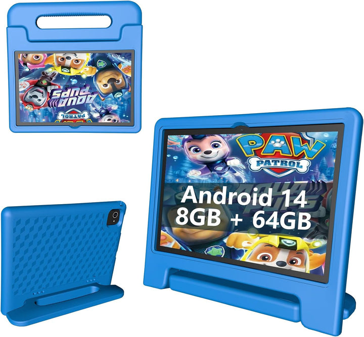 Kids Tablet with Strap, Android 14 Tablet for Kids 10 Inch, Toddler Tablets Octa-Core 64GB 1TB Expandable, Children'S Tablets with Case, Bluetooth Wifi Parental Control Dual