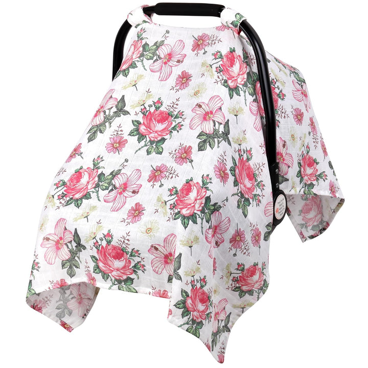 Muslin Carseat Cover for Babies,  Breathable Infant Carseat Cover Lightweight Baby Carrier Cover for Girls Boys, Fit Spring Summer/Hot Days/Warm Weather, Pink Floral
