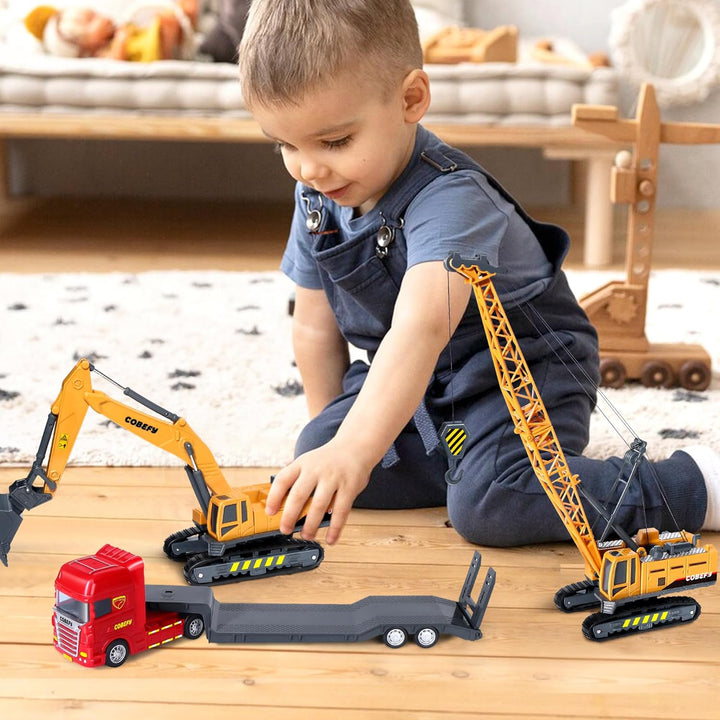Kids Construction Toys for Boys, Playset of Excavator Toy, Crane Toy & Semi Truck Toy Tractor Lowboy Trailer, Construction Trucks for Toddler, Ideal Birthday Party Favor Gift for 3 Years Old and Up