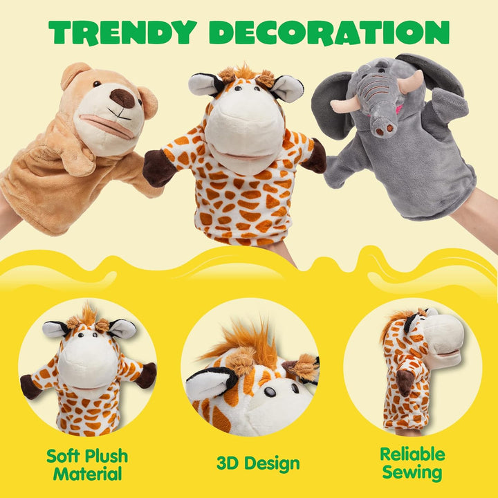 6Pcs Kids Hand Puppet Set with Working Mouth, Toddler Animal Plush Toy Includes Elephant, Giraffe, Lion, Bear, Raccoon and Monkey for Show Theater, Birthday Gifts for Kid Age 3+