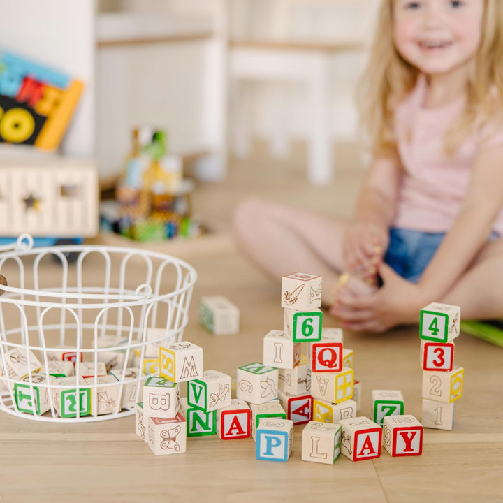 Deluxe Wooden ABC/123 1-Inch Blocks Set with Storage Pouch (50 Pcs)