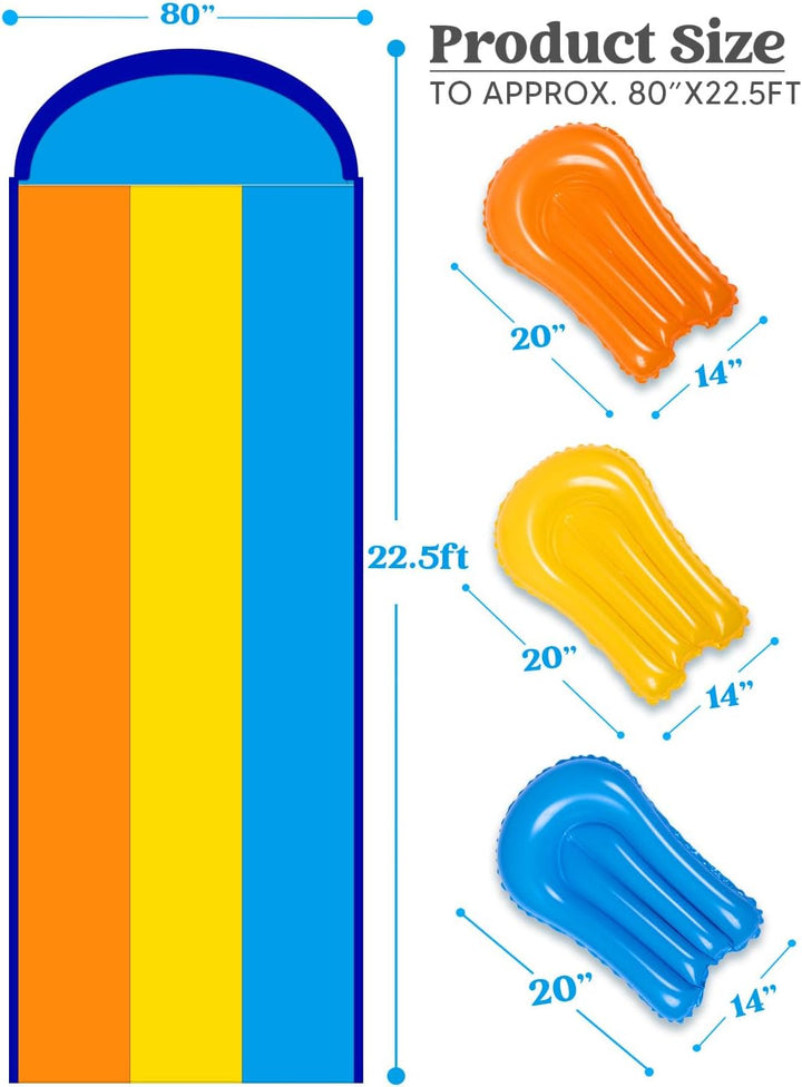 Triple Water Slide with 3 Bodyboards, 22.5FT Lawn Water Splash Slip and Slide Summer Toy Splash Pad with Build in Advanced Sprinkler for Kids Adults Backyard Summer Water Fun