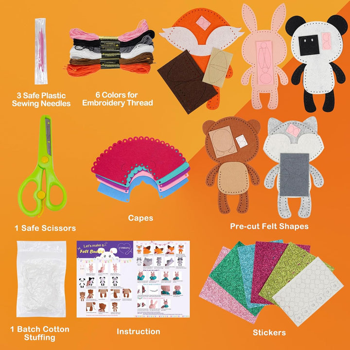 Kid Sewing Craft Kit to Make a Friend for Beginner Felt Craft Learn to Sew, Panda Fox Bunny Raccoon Bear 5 Animals