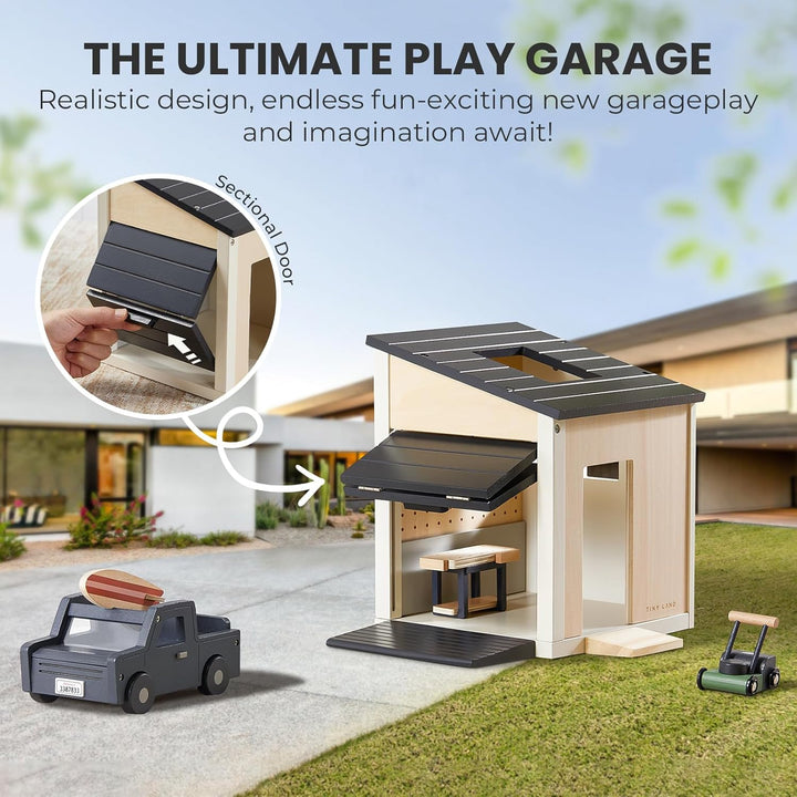 Wooden Dollhouse Garage Toy Set – Realistic Design with Garage, Workbench, Lawn Mower, and SUV Car – Ideal Gift for Kids