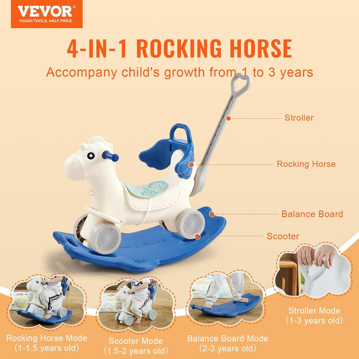 4 in 1 Rocking Horse for Toddlers 1-3 Years, Baby Rocking Horse with Detachable Balance Board, Push Handle and 4 Smooth Wheels, Support up to HDPE 80 Lbs Kids Ride on Toy with Sound, Blue