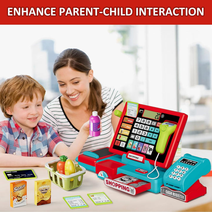 Kids Cash Register Toy Playset with Real Calculator, Toddler Pretend Play Store Incl Scanner/Credit Card/Play Money/Conveyor/Food Toys, Learning Toys Gifts for Boys Ages 4-8 8-12, Red