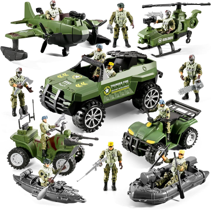 78-In-1 Army Men Sets Toys with Realistic Military Truck/Helicopter/Kayak Boat/Motorcycle/Army Men Action Figures/Weapon Gears, Army Toys Gift for Boys Kids 4-7 6-8 8-14 Fun Birthday Party Favors