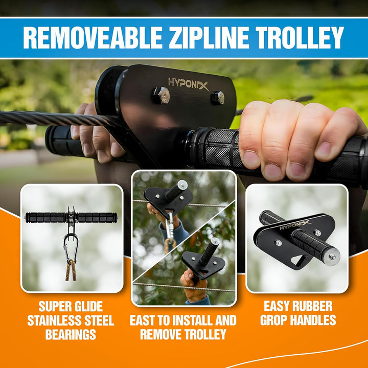 Zip Line Kit for Kids and Adults, 100/120/150/200Ft, up to 350 Lbs, Removable Trolley, Rustproof Stainless Steel, Quick Setup with Ratchet, Safety Harness, Backyard Adventure Fun W/Climbing Holds