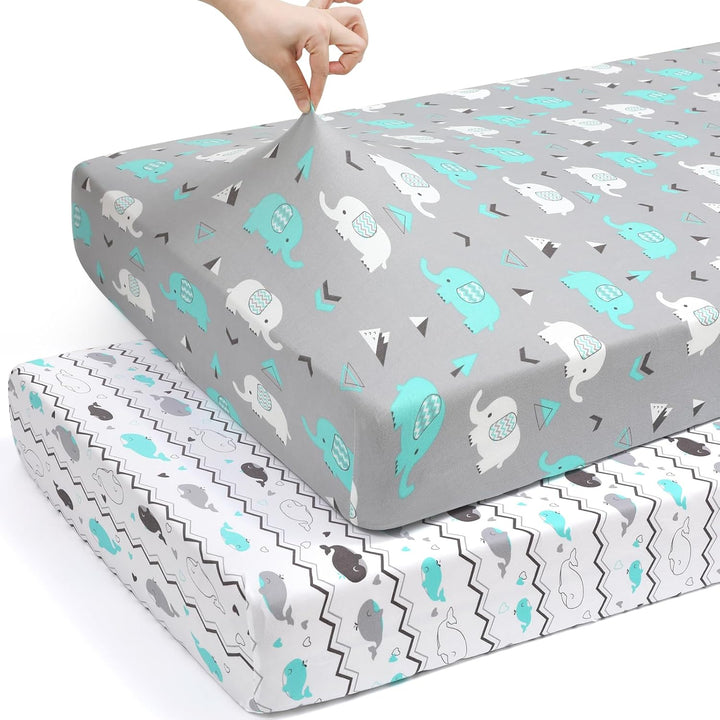 Pack N Play Sheets,  2 Pack Mini Crib Sheets,Stretchy Portable Fitted Playard Sheet Set, Convertible Playard Mattress Cover,Ultra Soft Breathable Material,Elephant Whale