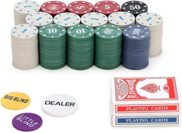 Denomination Plastic Poker Chips Set with 2 Decks,Bulk Playing Cards Chips Texas Hold’Em Blackjack 300 Pcs Numbers Casino Black Jack Lightweight Poker Chip for Travel,Gambling Card Games