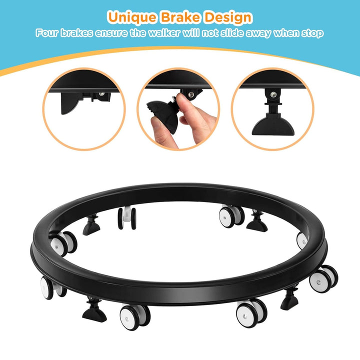 Baby Walker with Wheels, One-Touch Folding Anti-Roll 8-Wheel Baby Walkers, 7-Speed Height Adjustment with Large Dinner Plate and Brake 6-18 Months Baby Walker, Black