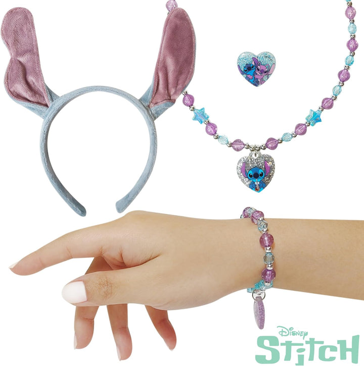 Disney Licensed Stitch Headband with Ears for Girls - Kids Jewelry Dress up Set All in One Giftable Box - Play Jewelry Set - 4Pc (Toddler Headband, Necklace, Dress up Bracelet, Ring) Ages 3+