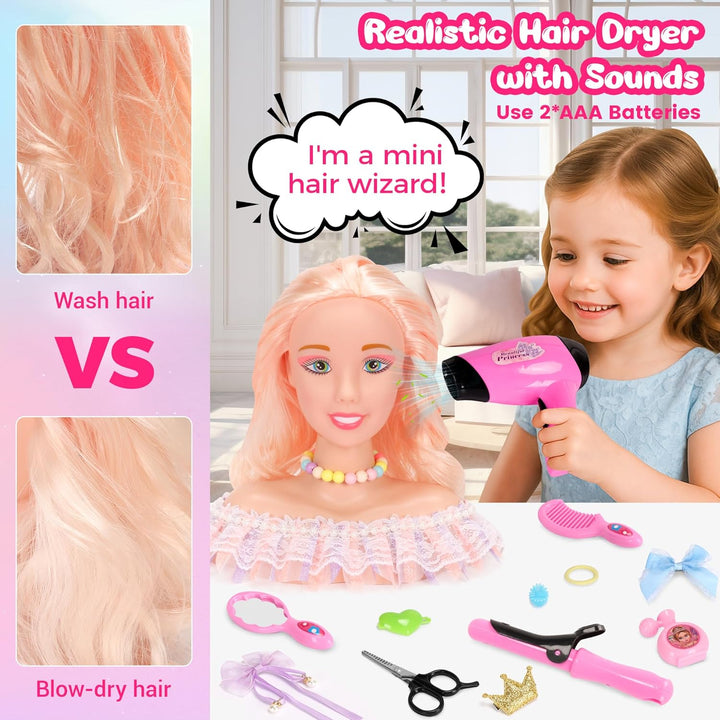 42PCS Pretend Play Hair Styling Doll Head Makeup Kit for Girl, Hair Makeup Salon Doll Toy Kid, with Hairdryer Curling Iron Eye Shadow Powder Hair Clip Set Birthday for 3+ Girl Year