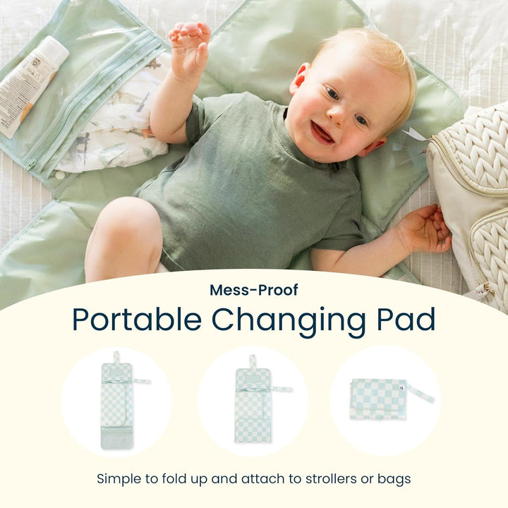 Portable Diaper Changing Pad-Foldable Waterproof Changing Mat&Portable Changing Pad for Travel,Baby Changing Station with Smart Wipes Pocket&Storage (Sage Checkers)