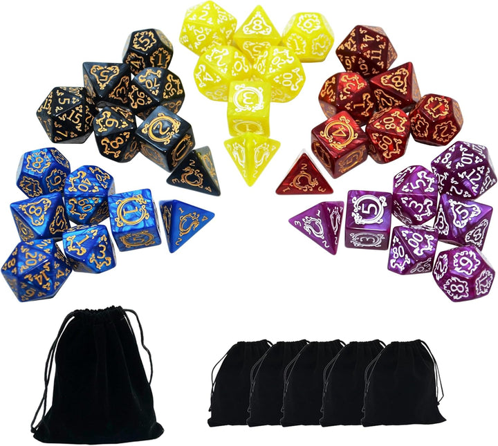 5 X 7-Die Double-Colors Polyhedral Dice Sets with Pouches for D&D DND RPG MTG Dungeon and Dragons Table Board Roll Playing Games D4 D6 D8 D10 D% D12 D20