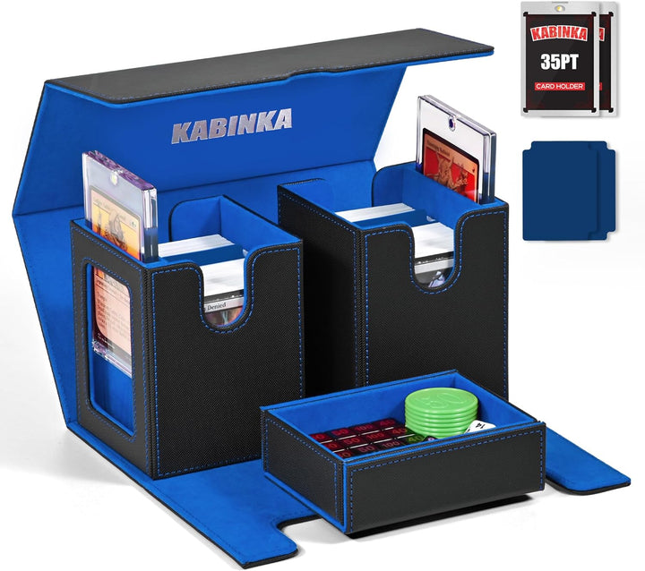 Card Deck Box for MTG with Commander Display, 5 in 1 Card Storage Box Fits 400+ Double-Sleeved Cards, Removable Deck Case for Tcg/Sports Cards with Dice Tray, 4 Magnetic Card Holders (Black Purple)