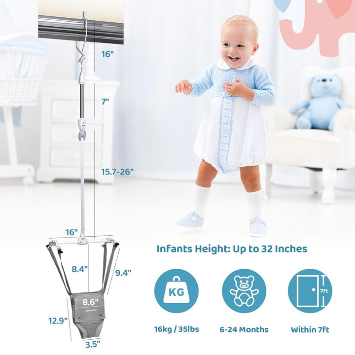 2 in 1 Baby Door Jumper W/Baby Walking Harness Function, Baby Jumper with Door Clamp Adjustable Strap and Seat, Gray