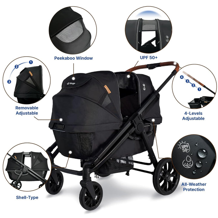 Tandem Wagon Stroller for 2 Kids, All-Terrain with Removable Uv-Protection Canopy, Adjustable Push/Pull Handle, Snack Tray & Cup Holders, Perfect for Baby and Toddler (Black)