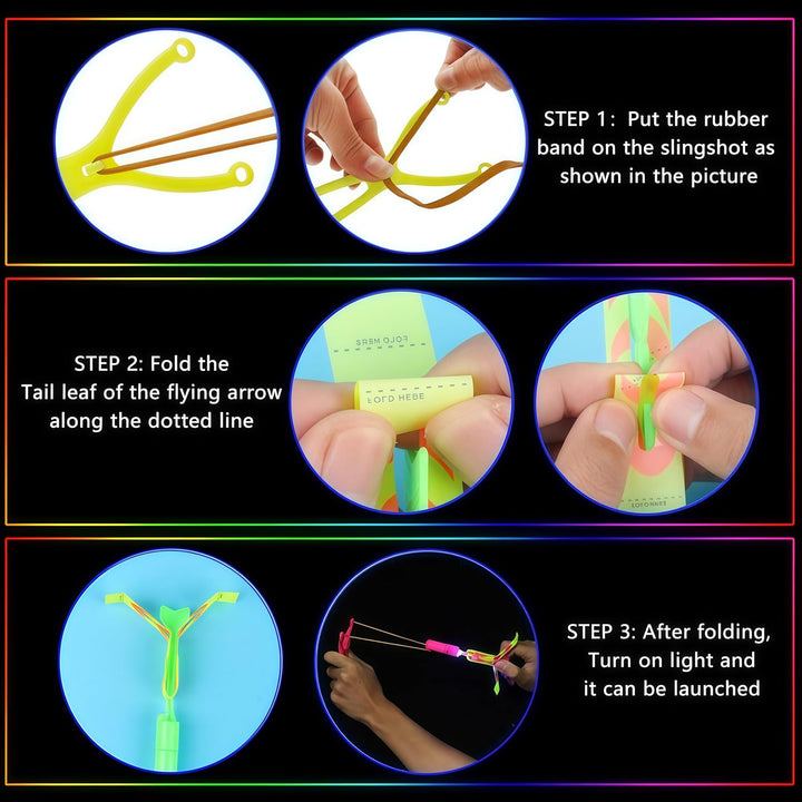 25 Packs LED Flying Toys Set with Whistle,25 Rocket Slingshot+25 Glow Arrow Helicopter for Summer Outdoor Camping Toys Game LED Slingshot Toy for Kids Glow in the Dark Party Supplies 8-12,4-8