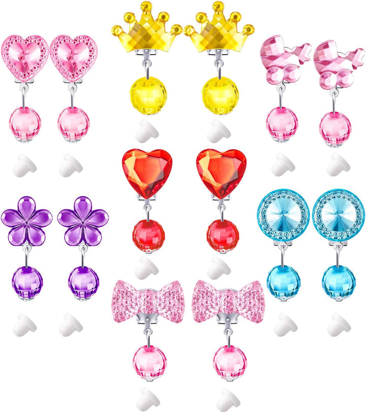 7 Pairs Girls Clip on Earrings Crystal Clip on Earrings Girls Princess Play Jewelry and 7 Pairs Pads with Box