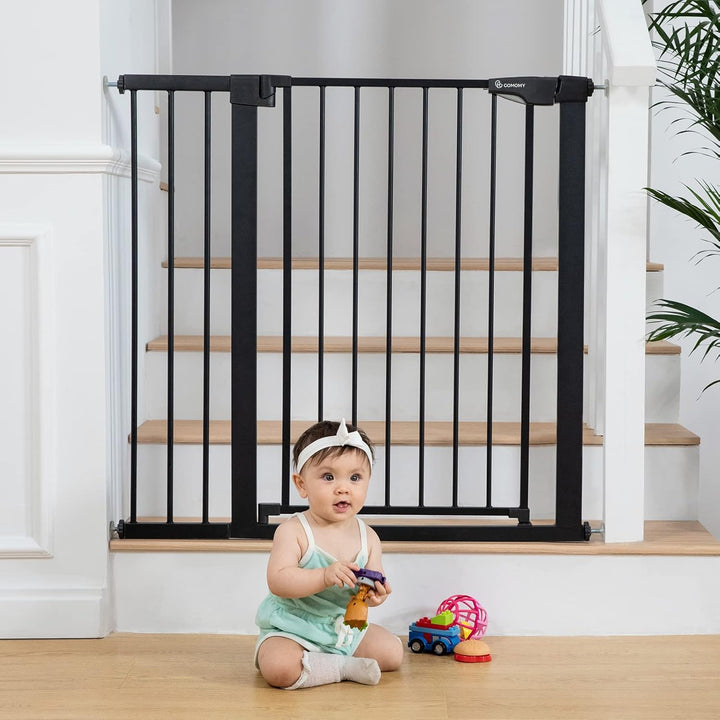 36" Extra Tall Baby Gate for Stairs and Doorways - Fits 29.5" to 48.8" Wide Openings, Auto Close Extra Wide Dog Gate for House, Pressure Mounted Easy Walk through Pet with Door, Black