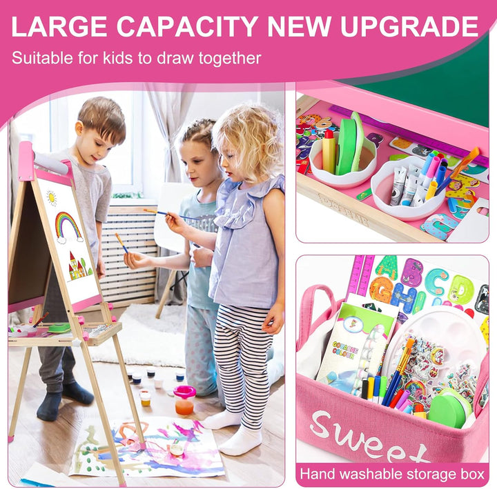 Easel for Kids,Adjustable Wooden Toddler Art Easels, Girls Toys for Ages 5-7,8-13,2-4, Magnetic White Board and Chalk Board with Art Supplies, 2 3 4 5 6 7 8 9 10 Year Old Girl Birthday Gift