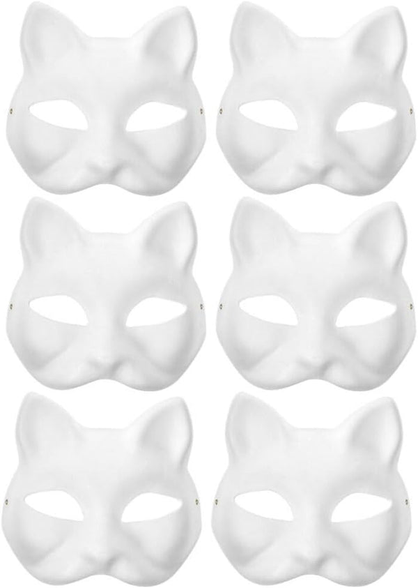 6Pcc Cat Mask Therian Masks White Cat Masks Paper Fox Masks Blank Mask Unpainted Wolf Animal Half Facemasks DIY Paint Masquerade Mask Costume Prop for Carnival Cosplay Dance Party Favors