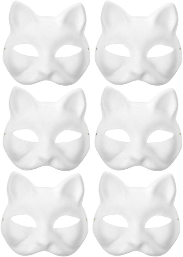 6Pcc Cat Mask Therian Masks White Cat Masks Paper Fox Masks Blank Mask Unpainted Wolf Animal Half Facemasks DIY Paint Masquerade Mask Costume Prop for Carnival Cosplay Dance Party Favors