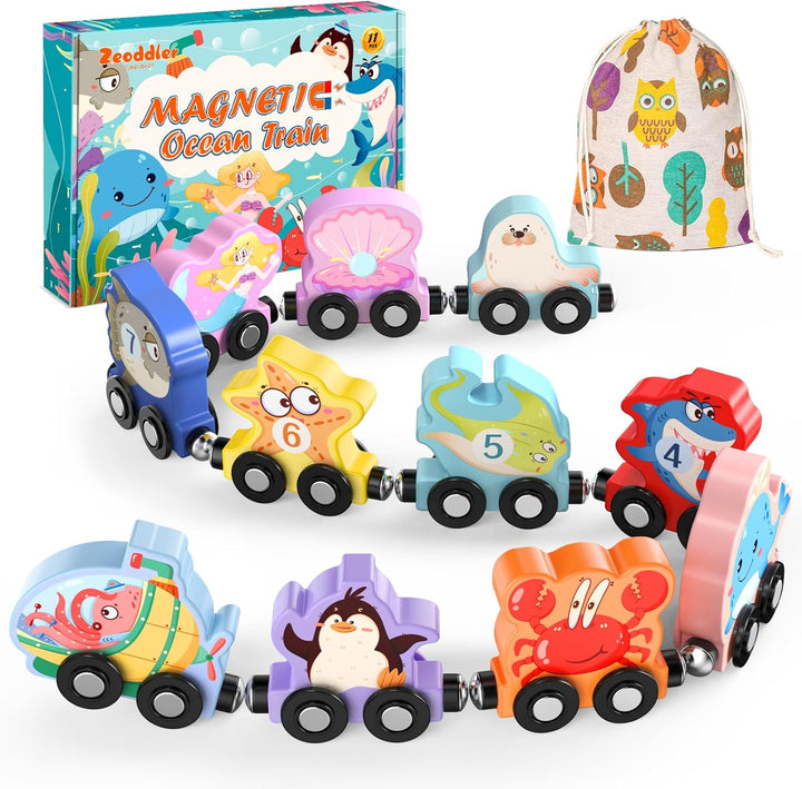 Toys for Toddlers, 11 Magnetic Wooden Animals Train Set, Montessori Toys for Toddlers, Preschool Learning Activities for Kids, Birthday Gifts for Boys, Girls