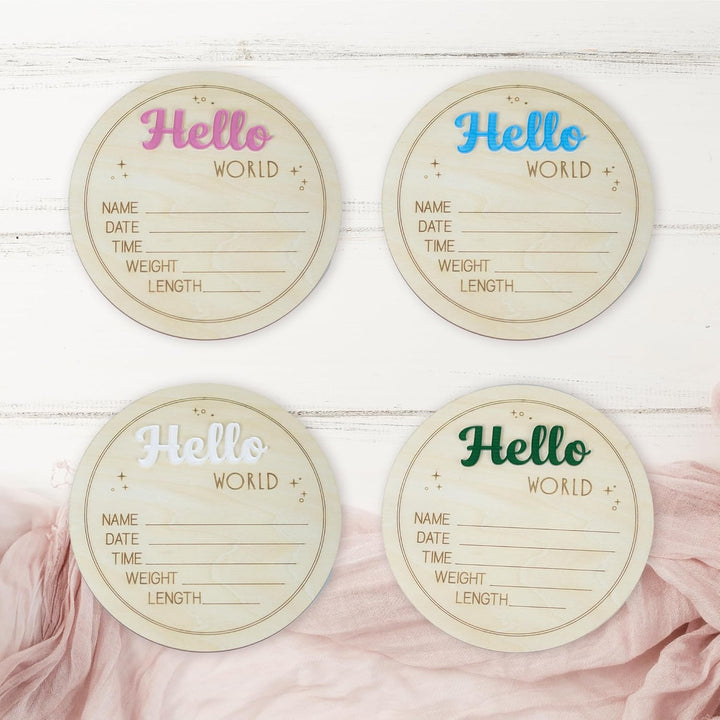 Baby Announcement Sign 6.5 Inch Wooden Hello World Newborn Welcome Sign Birth Baby Name Plaques for Photo Props Baby Shower Hospital Nursery (BOW CUT)