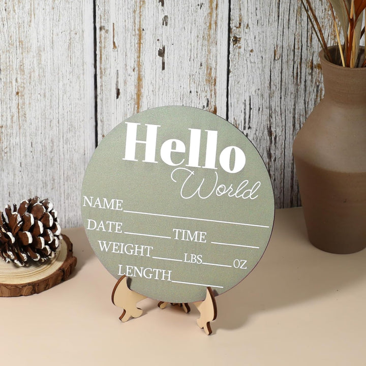 Wooden Baby Name Announcement Sign, 7.08" Birth Announcement Sign Hello World Newborn Photo Prop for Babies for Baby Shower Party Gift Keepsakes (Green)