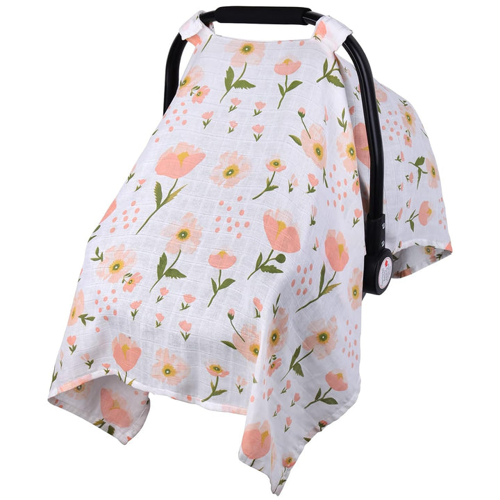 Muslin Carseat Cover for Babies,  Breathable Infant Carseat Cover Lightweight Baby Carrier Cover for Girls Boys, Fit Spring Summer/Hot Days/Warm Weather, Pink Floral