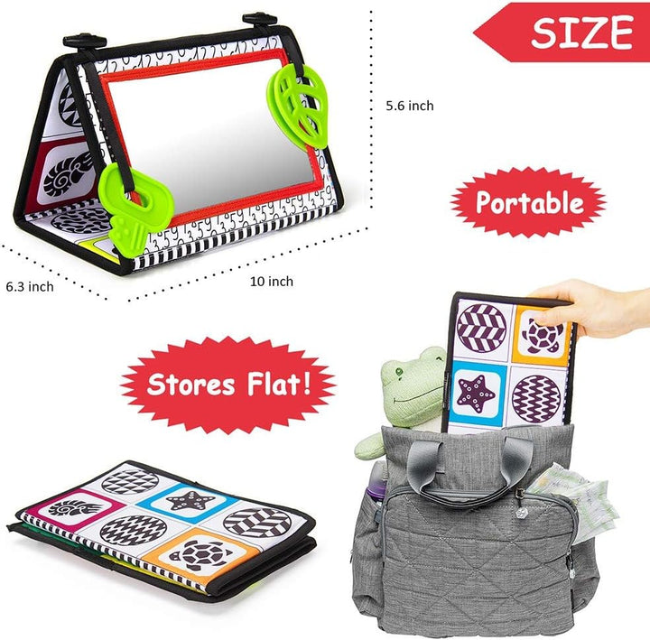 Tummy Time Baby Mirror Toys with Teethers, Double Black and White High Contrast Baby Toys 0-6 Months, Foldable Floor Sensory Development Toys for Infants Newborn