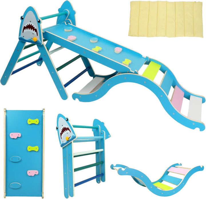 Pikler Triangle Set with Cushion, 9-In-1 Kids Climbing Toys for Toddlers 1-3 Inside, Montessori Toddler Climbing Toys Indoor, Large Wooden Pikler Triangle Climbing Set Baby Playground for Children
