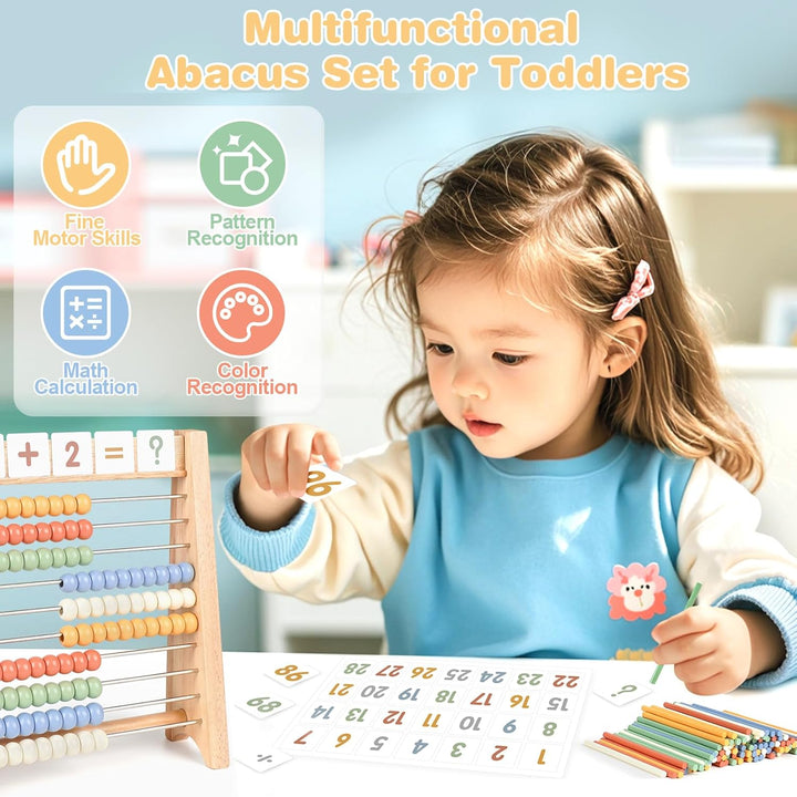 Abacus for Kids Math - Wooden Abacus with 100 Counting Sticks and 112 Math Cards, Counting Toys for Preschool Learning, Educational Math Toys for Developing Fine Motor Skills, Math Calculation