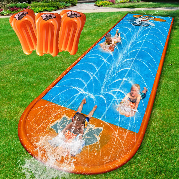 Slip Water Slide, 17Ftx3 Lane Slip Water Slide for Kids Backyard Lawn,Summer Water Toys Outdoor Sprinkler with 3 Sliding Racing Lanes and 3 Inflatable Bodyboards