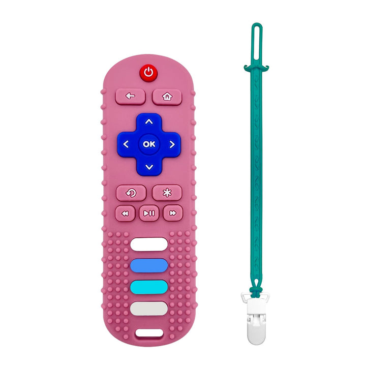 Baby Teething Toys, Food Grade Silicone Teether for Babies 3 6 12 18 Months, TV Remote Shape Toddlers Chew Toys, Freezer BPA Free (Pink RC)