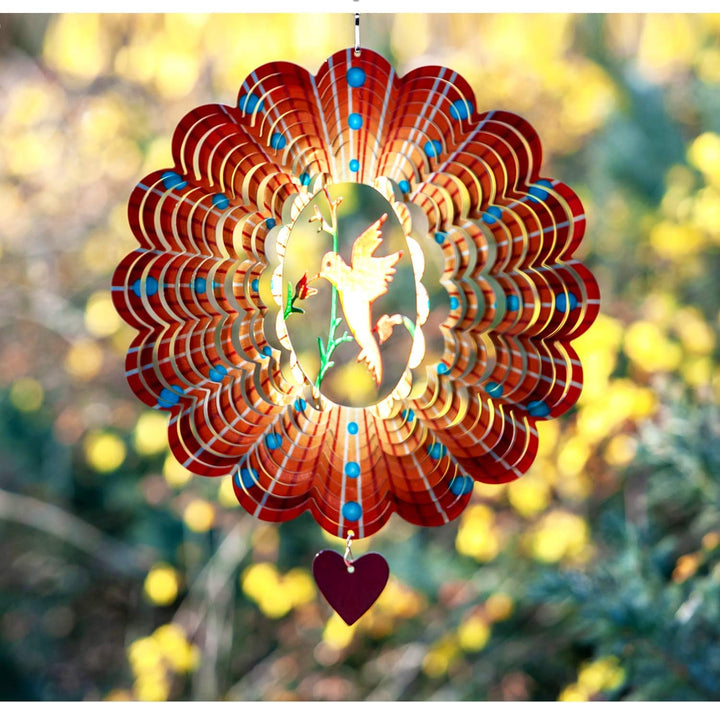 Wind Spinner - 12-Inch 3D Stainless Steel Lovebird Design with Heart Pendant - Laser Cut Metal Art Geometric Pattern - Hanging Kinetic Yard Garden Decor