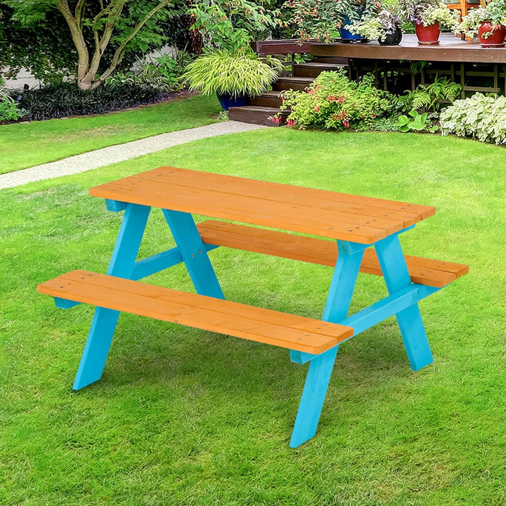 - Wooden Outdoor Child Children Kids Picnic Table & Chair Bench Set - Brown/Aqua