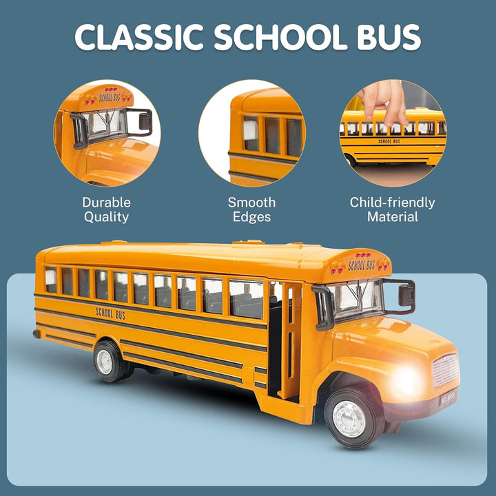 Diecast Yellow School Bus Model Toy, 8" Pullback Die Cast Model Vehicle for Kids with Rubber Tires, Opening Doors, Lights and Sounds