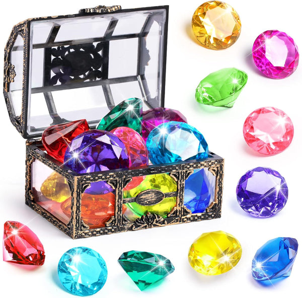 Diving Gem Pool Toy 10PCS  Big Colorful Diamond Diving Toy with Treasure Box Chest Pirate Pool Toys for Kids Toddlers Underwater Sinking Dive Gemstone for Swimming Bath Birthday Party Decoration