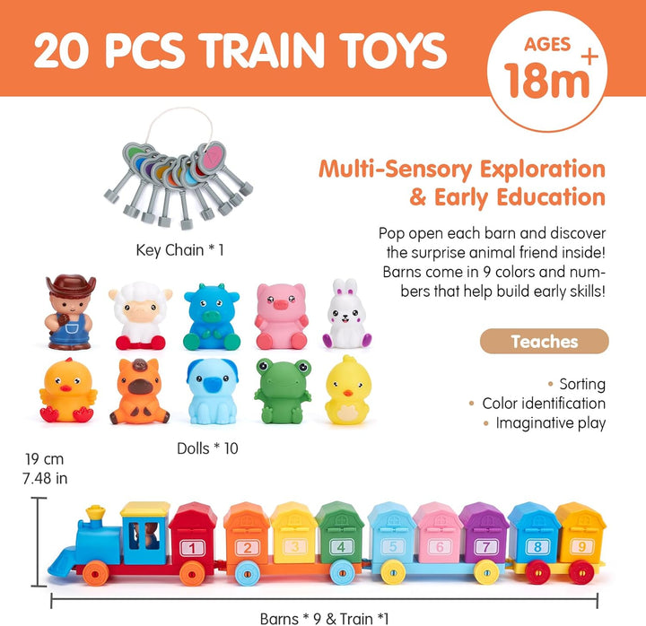Toddler Learning Toys for 2 3 Year Old Boy Girl - Counting Matching & Sorting Activity Montessori Train Set with Farm Animals, Finger Puppets, Keys to Lock and Unlock Barns, Preschool Birthday Gift