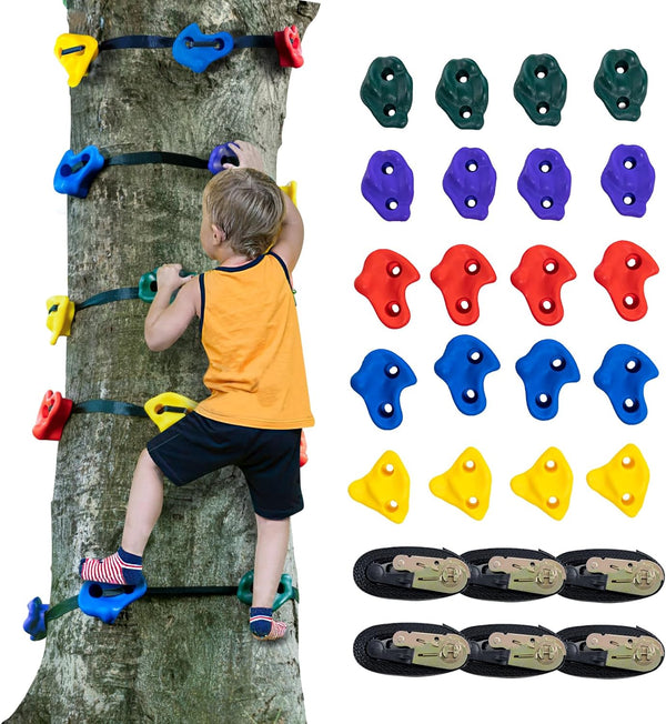 Ninja Tree Climbing Kit, 20 Rock Climbing Holds & 6 Ratchets, Large Climbing Rocks for Kids & Adults Outdoor Backyard Ninja Tree Obstacle Course Training