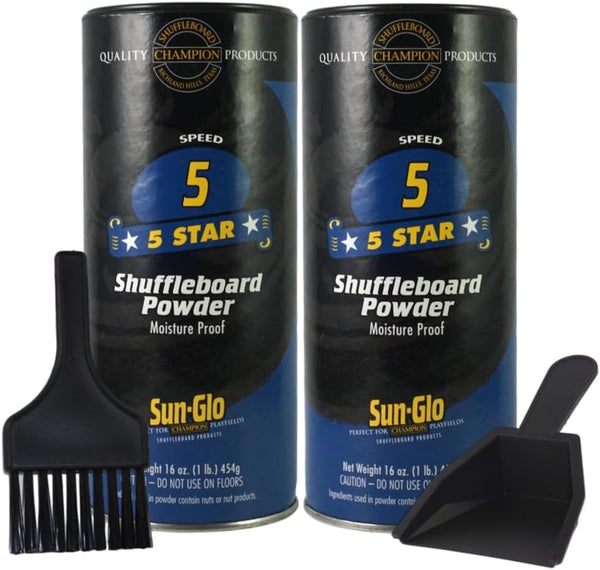 Sun-Glo Shuffleboard Sand - Shuffleboard Powder Wax with Mini Dustpan and Mini Brush Set, 2 Pack (16Oz/Each) - Sunglo #5 Star (Medium Speed)