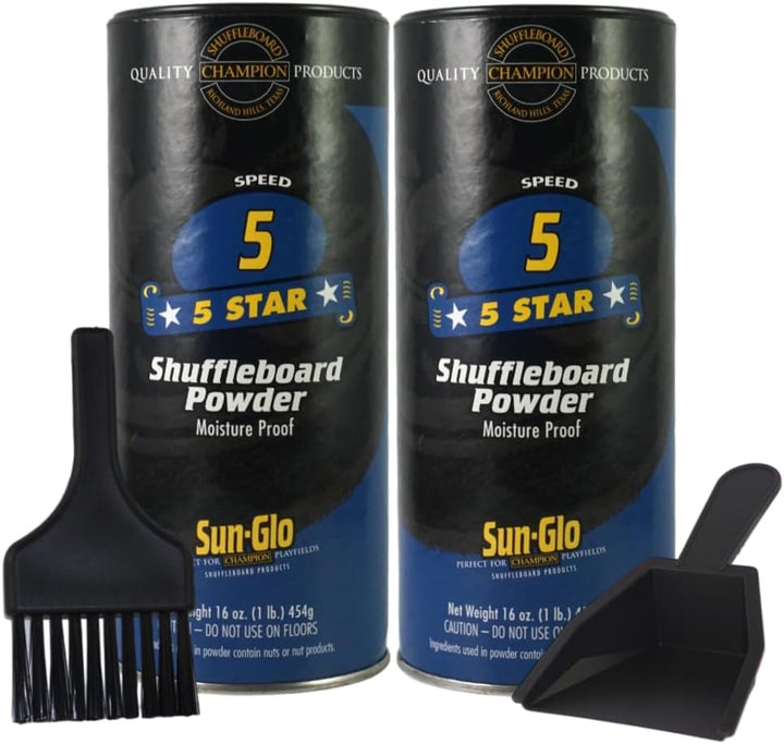 Sun-Glo Shuffleboard Sand - Shuffleboard Powder Wax with Mini Dustpan and Mini Brush Set, 2 Pack (16Oz/Each) - Sunglo #5 Star (Medium Speed)