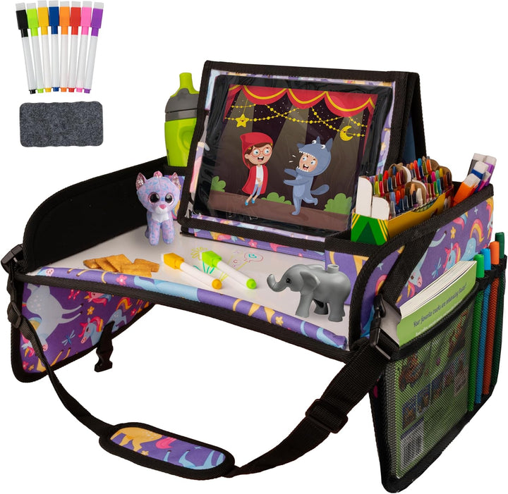Car Seat Tray for Kids Travel - Black 600D Oxford Lap Desk Organizer with Dry-Erase Surface, Tablet Stand, Snack Holder & Cup Holder - Travel Tray for Kids Car Seat